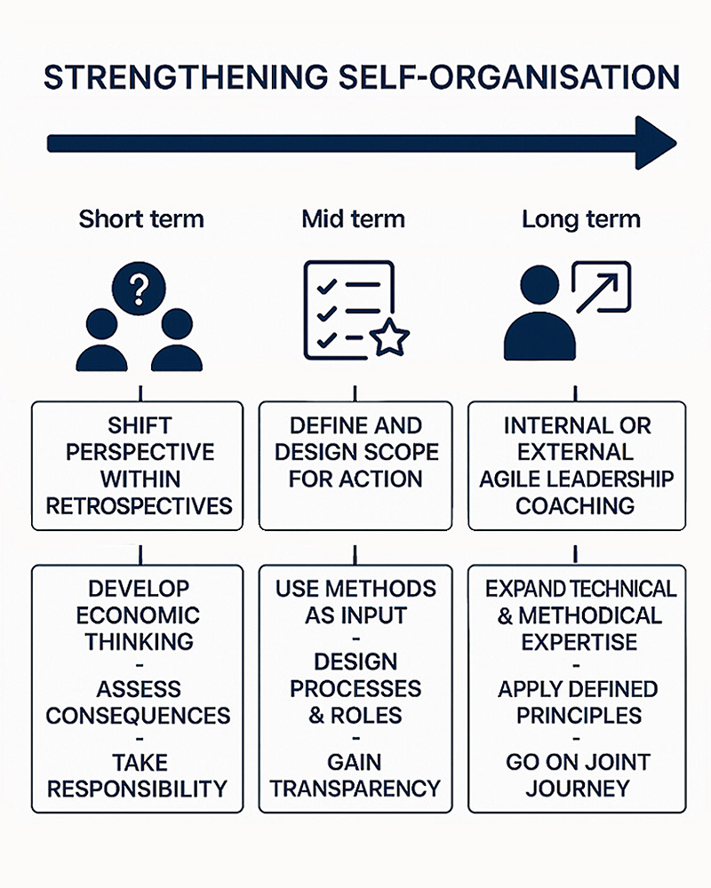Strengthening self-organisation in the short, medium and long term