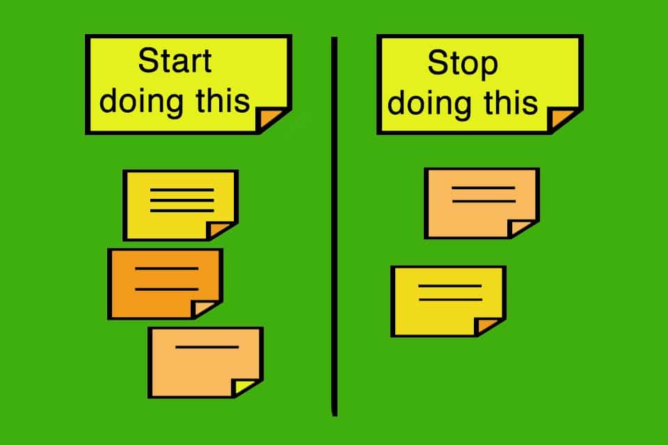 Start-Stop-Retrospektive als Rückschau, bei der ein Team festhält, was fortan getan bzw. unterlassen werden soll.