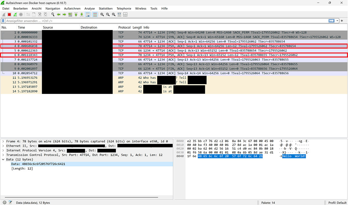 Aufzeichnung in Wireshark mit "Hello World"